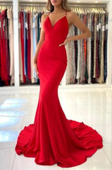 Red Spaghetti Straps Deep V-Neck Long Mermaid Prom Dresses