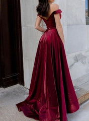 Burgundy A-Line Off The Shoulder Formal Prom Dresses With Pockets