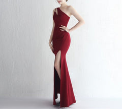 Burgundy One Shoulder Keyhole Long Ruched Split Front Prom Dresses