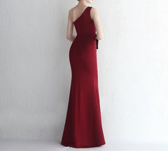 Burgundy One Shoulder Keyhole Long Ruched Split Front Prom Dresses