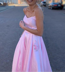 Pink A-Line Spaghetti Straps Long Satin Side Cut Out Prom Dresses
