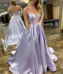 Lavender A-Line Spaghetti Straps Long Prom Dresses With Back Cutout
