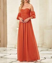 Orange Red A-Line Off The Shoulder Puffed Sleeve Ruched Prom Dress
