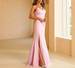 Pink Sheath Long V-Neck Spaghetti Straps Split Front Prom Dresses