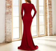 Burgundy Mermaid V-Neck Split Front Long Sleeves Prom Dresses