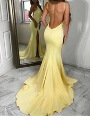 Yellow Mermaid Backless Spaghetti Straps Prom Dresses With Side Split