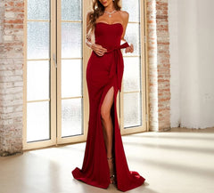 Burgundy Long Strapless Mermaid Prom Dress With Slits Up The Side