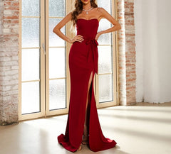 Burgundy Long Strapless Mermaid Prom Dress With Slits Up The Side