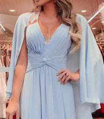 Sky Blue Chiffon Pleated Bodice V-Neck Floor Length Prom Dresses