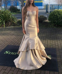 Champagne Mermaid Satin Sweetheart Long Layered Prom Dress