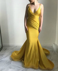 Yellow V-Neck Spaghetti Strap Ruched Mermaid Backless Long Prom Dresses