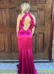 Fuchsia Mermaid Halter Ruffle High Neck Long Prom Dress With Open Back