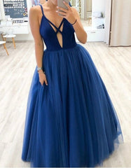 Navy Blue Deep V-Neck Sleeveless Spaghetti Strap Tulle Long Prom Dress
