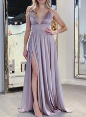 Sky Blue A-Line Deep V-Neck Backless Ruched Prom Dress With Side Split
