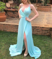 Jade Ruched V Neck Bodice Spaghetti Straps Long Prom Dress With Split