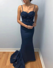 Navy Blue Chiffon Spaghetti Straps Beaded Lace Bodice Long Prom Dress