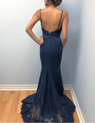 Navy Blue Chiffon Spaghetti Straps Beaded Lace Bodice Long Prom Dress