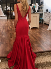 Red V Neck Sleeveless Deep V Back Mermaid Prom Dress With Train