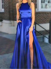 Royal Blue High Neck Cut Out Back Satin Long Prom Dress With Split