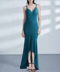 Blue Spaghetti Strap V Back Sheath Mermaid High Low Prom Dress