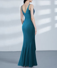 Blue Spaghetti Strap V Back Sheath Mermaid High Low Prom Dress