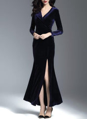 Navy Blue Navy Blue V Neck Long Sleeve Ruched Sheath Long Prom Dress With Split
