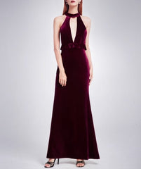 Burgundy Elegant Velvet Sleeveless Long Prom Dress With Keyhole Front