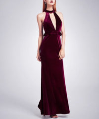 Burgundy Elegant Velvet Sleeveless Long Prom Dress With Keyhole Front