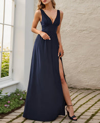 Navy Blue Women's Prom Dresses Deep V-Neck Sleeveless Side Slit Floor Length Wedding Guest Dress