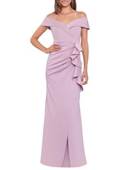 Blush Pink Women's Long Off Shoulder Sweetheart Neck Side Ruffle Prom Dress