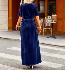 Navy Women's V Neck Wrap Velvet Maxi Dress Bell Sleeve Split Prom Dresses