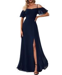 Navy Blue Women's Formal Dresses Off Shoulder Short Sleeve Split A-Line Floor Length Prom Dresses