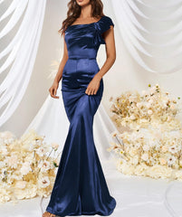 Navy Blue Women Style Retro Cap Sleeve Square Neck Satin Prom Long Maxi Dress