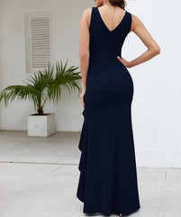 Navy Blue Formal Prom Dresses for Women Elegant Party Prom Dress Long Sexy V Neck Sleeveless Split Wrap