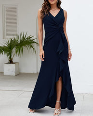 Navy Blue Formal Prom Dresses for Women Elegant Party Prom Dress Long Sexy V Neck Sleeveless Split Wrap