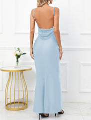 Sky Blue Women Drape Neck Formal Maxi Dresses Lace Backless Cocktail Party Dress Spaghetti Straps Mermaid Prom Gown