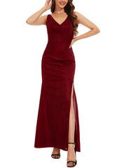 Burgundy V Neck Mermaid Prom Dress with Slit Long Cocktail Dress for Women Split Ruching Wedding Guests Dress