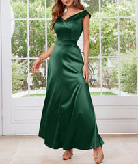 Dark Green Women's Vintage V Neck Satin Cocktail Prom Floor Length Dress