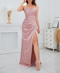 Women's Satin Bridesmaid Dresses with Slit Mermaid Prom Dress Long Ruched Wedding Guest Gown