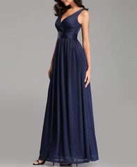 Navy Blue Women's V-Neck High Wasit Glitter Maxi Prom Dress