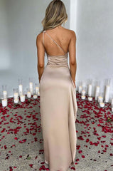 One Shoulder Mermaid Satin Prom Dress Thin Back Strap Formal Evening Party Gown with Slit