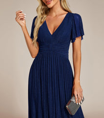 Navy Blue Women's Summer V Neck Pleated Short Sleeves Formal Prom Dresses