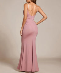 Dusty Rose Women's Crystal Spaghetti Strap Scoop Neck Glitter Bodycon Mermaid Prom Dress