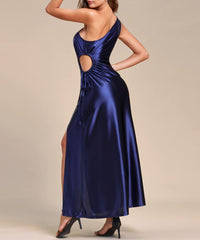 Navy Blue Women's Sexy Cutout High Split A-Line Satin Summer Trendy Formal Prom Dress For Wedding Guest Dress