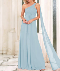 Sky Blue Women's Summer One-Shoulder Empire Waist Chiffon Pleated Maxi Formal Prom Dress