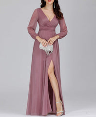 Orchid Women's V-Neck Front Wrap High Thigh Slit A Line Formal Prom Dress