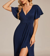 Navy Blue Women's Glitter High Low Ruffled Hem V-Neck Formal Prom Dress with Sleeves
