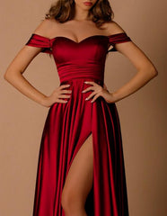 Off The Shoulder Satin Prom Dresses for Women A-line Long Evening Dress with
