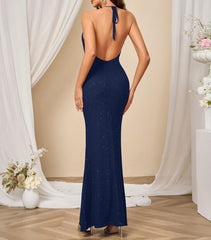 Navy Women's Sexy Sequin Bodycon Backless Sparkly Mesh Prom Evening Elegant Maxi Dress