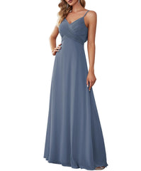 Dusty Navy Women's V-Neck Sleeveless Front Ruched Maxi A-Line Formal Prom Dresses